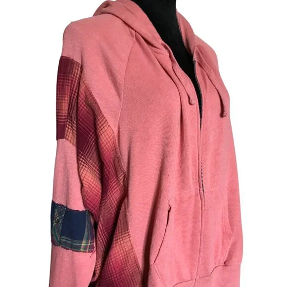 Coral Patchwork Upcycled Hoodie, Size M-L: Boho Cottagecore Zip-Up Jacket - Picture 4 of 15